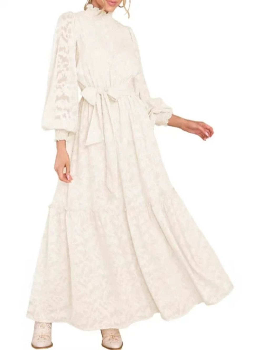 French Palace Style Jacquard Long Dress Womens Fall Tie Waist Lantern Sleeve